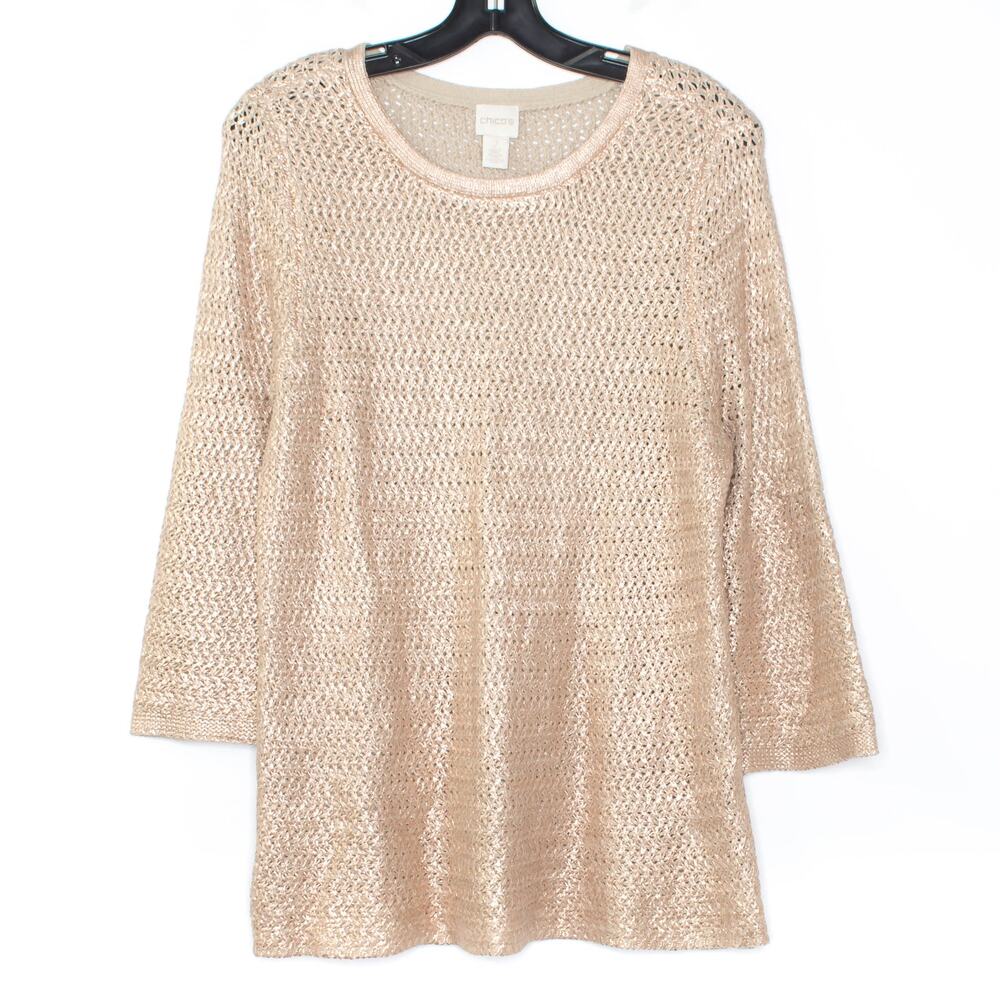 Chicos Open Knit Metallic Shimmer Sweater 3/4 Sleeve Boho Holiday Dressy 2 L